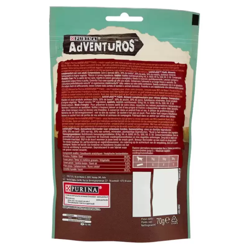 Purina Snack Adventuros File de Vita, Pui si Porc 70 g Bax 7 buc.